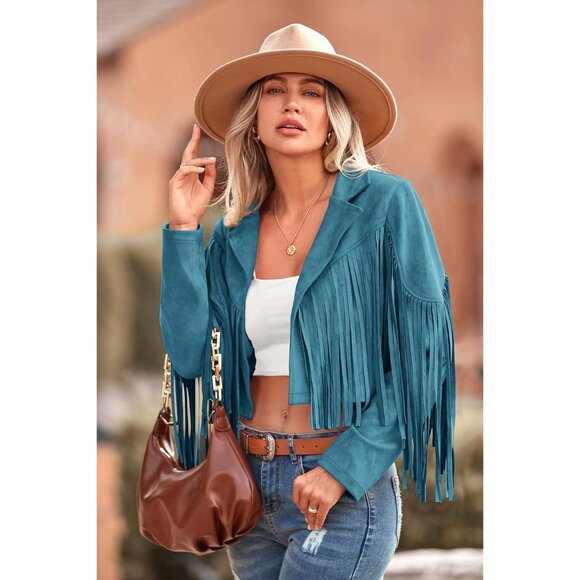 Prettygarden Women's Lake Blue Fringe Motorcycle Cropped Faux Leather Jackets - Picture 7 of 9